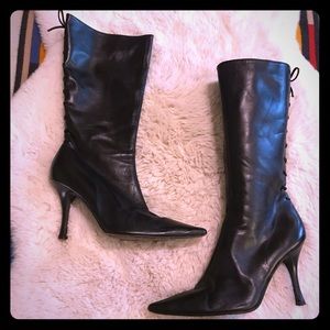 Stiletto pointy toe lace back black leather boots